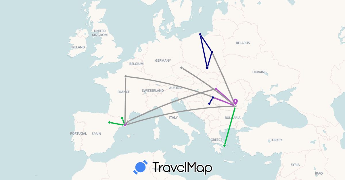 TravelMap itinerary: driving, bus, plane, train in Andorra, Czech Republic, Spain, France, Greece, Poland, Romania, Serbia (Europe)